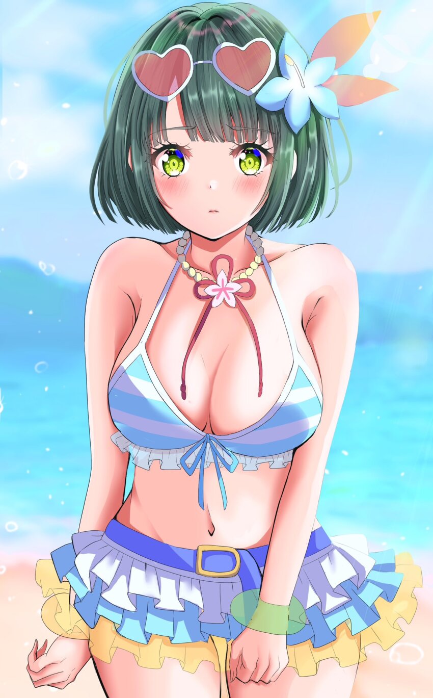 1girl beach bead_necklace beads bikini blue_bikini blue_flower blue_sky blunt_bangs blunt_ends blurry blurry_background blush bob_cut bracelet breasts cleavage closed_mouth commentary_request cosplay cowboy_shot embarrassed flower flower_knot flower_necklace frilled_bikini frills front-tie_bikini_top front-tie_top frown green_eyes green_hair hair_flower hair_ornament halterneck highres jewelry large_breasts link!_like!_love_live! love_live! love_live!_school_idol_project maymaru momose_ginko natsuiro_egao_de_1_2_jump! navel necklace nishikino_maki nishikino_maki_(cosplay) official_alternate_costume outdoors pink_flower short_hair sky solo split_mouth stomach striped_bikini striped_clothes swimsuit virtual_youtuber