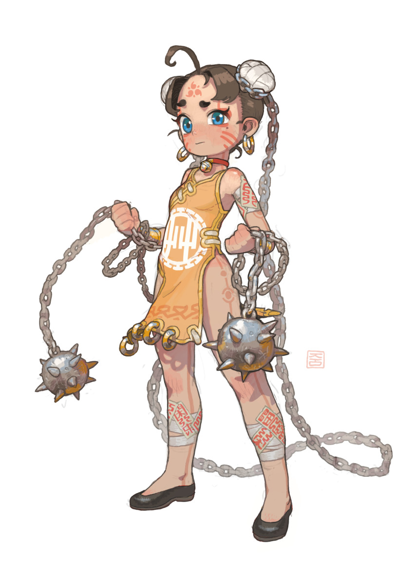 1girl absurdres ahoge ball_and_chain_(weapon) bandaged_arm bandaged_leg bandages bare_shoulders bell black_footwear blue_eyes breasts brown_hair bun_cover chain china_dress chinese_clothes choker closed_mouth double_bun dress earrings facepaint facial_mark female_focus flail forehead_mark full_body hair_bun highres holding holding_weapon hoop_earrings jewelry mole mole_under_eye neck_bell original pelvic_curtain possummachine red_choker short_eyebrows short_hair simple_background sleeveless sleeveless_dress small_breasts solo standing talisman thighs warrior weapon white_background yellow_dress