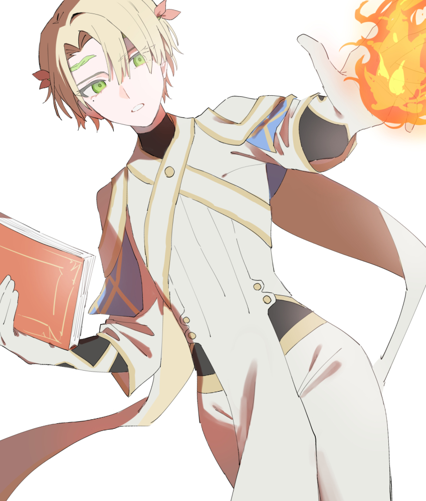 1boy alfred_(fire_emblem) blonde_hair book casting_spell fire fire_emblem fire_emblem_engage green_eyes highres holding holding_book nintendo prince rororotsu