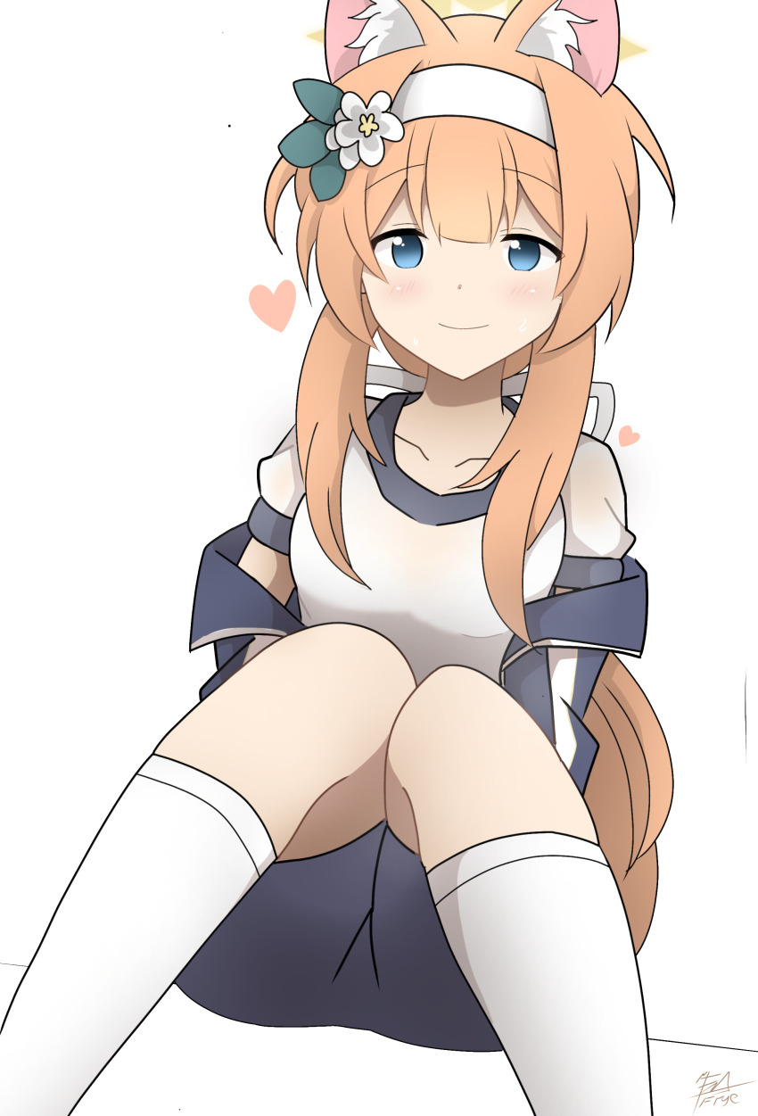 1girl animal_ears blue_archive blue_eyes blush cat_ears fazni_frye heart mari_(blue_archive) mari_(track)_(blue_archive) orange_hair simple_background socks solo white_background white_socks