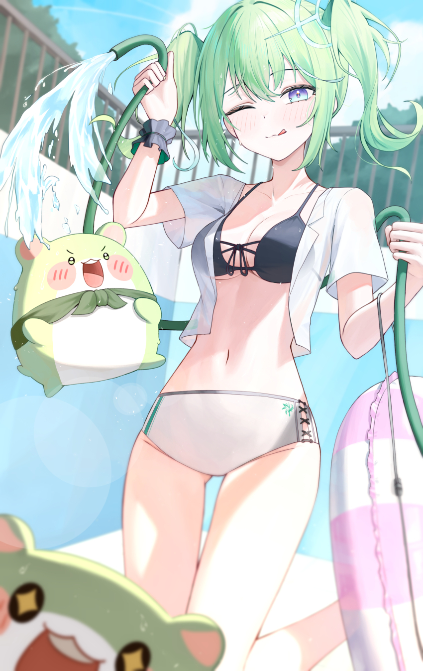 +_+ 1girl :3 :q absurdres bikini black_bikini blue_sky breasts chico_(yuzuha_riko) cleavage cloud collarbone criss-cross_straps day empty_pool frilled_wristband front-tie_bikini_top front-tie_top gradient_eyes green_eyes green_hair hair_between_eyes hand_up hashtag-only_commentary highres holding holding_hose hose long_hair looking_at_viewer medium_breasts multicolored_eyes navel one_eye_closed open_clothes open_shirt outdoors pink_innertube pool poppo_myupunk98 railing shirt sidelocks sky solo standing standing_on_one_leg stellive stomach sunlight swim_ring swimsuit thighs tongue tongue_out tree twintails virtual_youtuber water wet white_shirt yuzuha_riko
