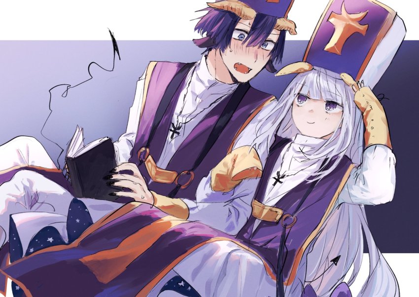 1boy 1girl animal_ears aurora_sya_lis_kaymin black_nails blue_eyes blue_hair blush book commentary_request cosplay demon_cleric demon_tail fingernails goat_ears goat_horns hat holding holding_book horns jewelry long_fingernails long_hair looking_at_another maou-jou_de_oyasumi moegi0926 nail_polish necklace open_mouth oversized_clothes purple_eyes purple_hair short_hair sitting sketch smile tail