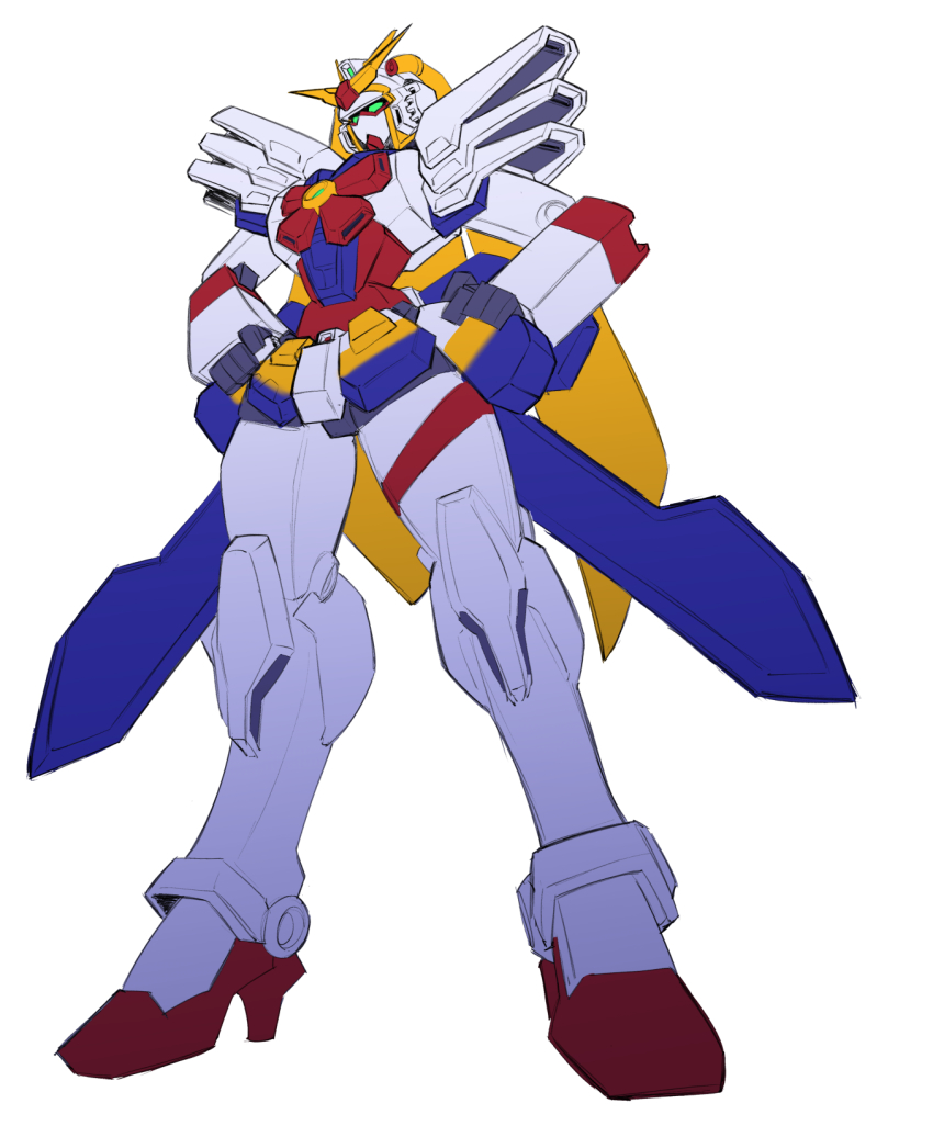 blonde_hair blue_eyes cosmikaizer g_gundam gundam hands_on_own_hips head_tilt highres looking_ahead mecha mechanical_hair no_humans robot solo super_nobel_gundam v-fin