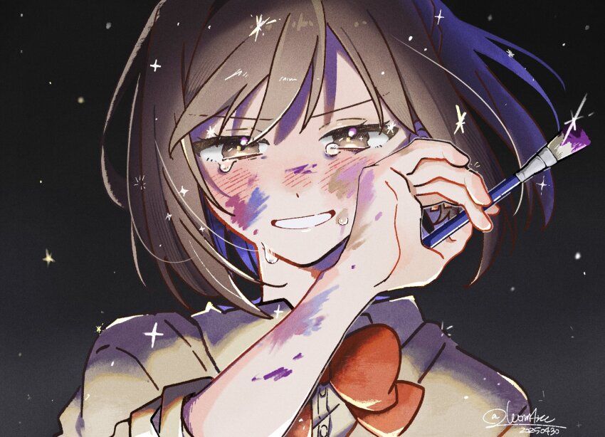 1girl art_brush blush bob_cut brown_eyes brown_hair buttons cardigan clenched_teeth close-up collared_shirt crying crying_with_eyes_open dark_background dated dot_nose dress_shirt floating_hair frown half-closed_eyes hand_up highres holding holding_paintbrush light_particles neck_ribbon nose_blush paint paint_splatter paint_splatter_on_face paintbrush parted_lips project_sekai red_ribbon ribbon shinonome_ena shirt short_hair signature simple_background smirk solo sparkle streaming_tears swept_bangs tears teeth thick_eyelashes tsurime upper_body v-shaped_eyebrows w0m4ru white_shirt wiping_face yellow_cardigan