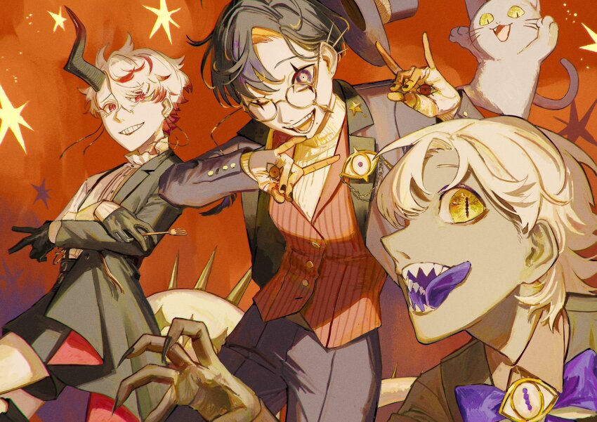 1boy 2girls animal black_hair cat coat dragon_boy dragon_horns dragon_tail fingernails formal_clothes glasses hat highres horns looking_at_viewer mole mole_under_mouth momomo_906 multiple_boys multiple_girls one_eye_closed original purple_eyes red_background red_eyes red_vest reptile_boy sharp_fingernails sharp_teeth short_hair shorts single_horn slit_pupils suit suspender_shorts suspenders tail teeth tongue tongue_out top_hat vest yellow_eyes