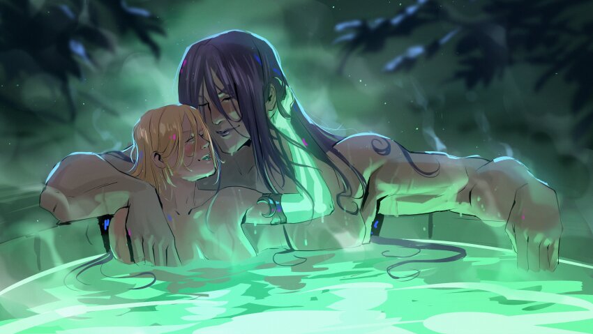 2girls absurdres bath bathing black_hair blonde_hair breasts caio_santos completely_nude green_lips hades_(series) hades_2 highres large_breasts melinoe_(hades) multiple_girls muscular muscular_female nemesis_(hades) nude onsen partially_submerged same-sex_bathing shared_bathing skeletal_arm smile steam tall_female wet wet_hair yuri