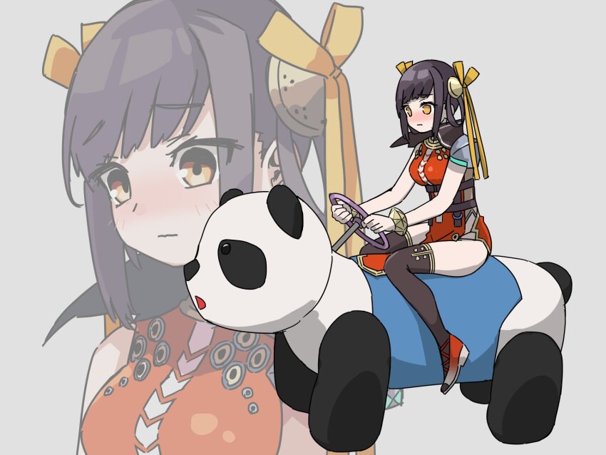 1girl armor black_hair breasts chest_harness china_dress chinese_clothes dress hair_ribbon harness heaven_burns_red highres large_breasts li_yingxia niboshi_917 orange_eyes panda pelvic_curtain ribbon shoulder_armor side_slit sleeveless thighhighs yellow_ribbon