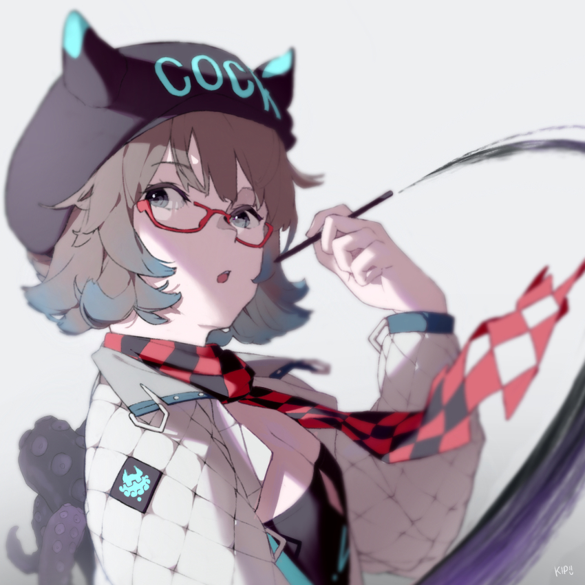 1girl :o arknights black_hat black_scarf black_shirt blue_hair breasts brown_hair checkered_clothes checkered_scarf cleavage cleavage_cutout clothes_writing clothing_cutout colored_tips deepcolor_(arknights) grey_background hand_up hat highres holding holding_brush jacket kips looking_at_viewer medium_breasts multicolored_hair open_clothes open_jacket open_mouth paintbrush red_scarf scarf semi-rimless_eyewear shirt simple_background solo two-tone_scarf under-rim_eyewear upper_body white_jacket