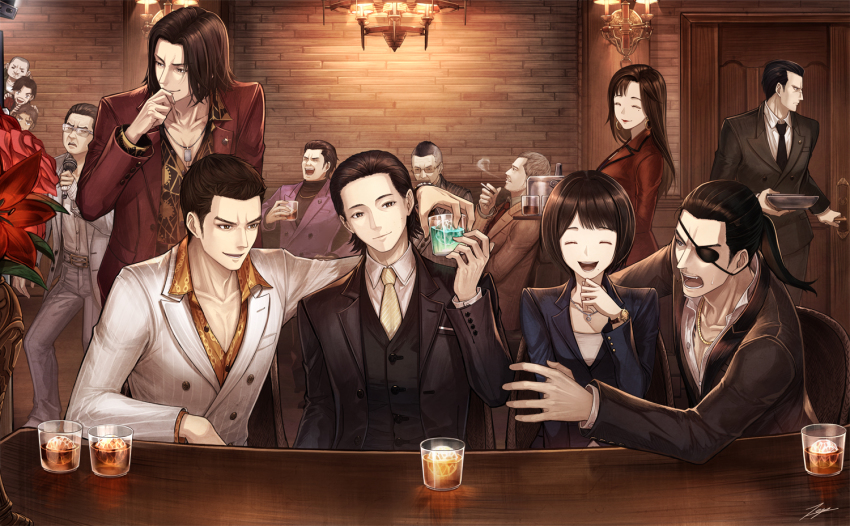 1988 aged_down alcohol awano_hiroki bar_(place) black_hair black_jacket blue_suit brick_wall chain_print cigarette closed_eyes earrings everyone eyepatch flower formal_clothes friends gold_necklace good_end hair_slicked_back happy jacket jewelry kashiwagi_osamu kiryu_kazuma kuze_daisaku lee_wen_hai long_hair majima_goro makimura_makoto manly mature_male medium_hair multiple_boys music necklace nishikiyama_akira nishitani_homare oda_jun reina_(ryuu_ga_gotoku) ryuu_ga_gotoku_(series) ryuu_ga_gotoku_0 sagawa_tsukasa shibusawa_keiji singing smoke smoke_trail smoking suit tachibana_tetsu tenyo0819 turtleneck white_jacket yakuza