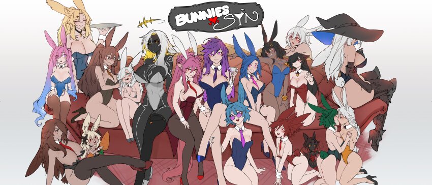 6+girls :3 ^_^ absurdres animal_ears armored_boots ass bare_legs bell black_hair black_pantyhose black_sclera black_shoes black_skin black_thighhighs blonde_hair blue_hair blue_leotard blue_nails boots breast_conscious breasts brown_eyes brown_hair brown_thighhighs cheek_poking chibi cleavage closed_eyes colored_sclera colored_skin commentary couch cross cross_pasties dark-skinned_female dark_skin detached_collar easter english_commentary english_text eyes_visible_through_hair female_focus frown glasses gradient_background gradient_hair green_hair grey_background hair_between_eyes hair_over_one_eye halo hands_on_own_chest harem hat high_heel_boots high_heels highres holding_hands interlocked_fingers jingle_bell kiss large_breasts leotard less long_hair multicolored_hair multiple_girls nail_polish neck_bell necktie orange_leotard original pantyhose pasties pink-tinted_eyewear pink_eyes pink_hair pink_necktie pointy_ears poking purple_hair purple_necktie rabbit_ears rabbit_girl rabbit_tail red_eyes red_leotard red_nails red_necktie red_shoes shoes short_hair simple_background single_thighhigh sitting small_breasts smile strapless strapless_leotard tail thighhighs tinted_eyewear twintails very_long_hair white_hair white_shoes witch_hat yellow_eyes yuri