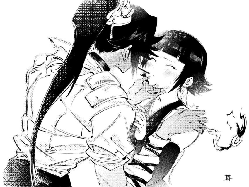 2girls back bleach blunt_bangs blush closed_eyes commentary_request dark-skinned_female dark_skin dutch_angle ebi_draw elbow_gloves flipped_hair food food_in_mouth gloves greyscale hand_on_another&#039;s_chin hand_on_another&#039;s_shoulder high_ponytail incoming_pocky_kiss long_hair low_twintails monochrome multiple_girls own_hands_together pocky pocky_day pocky_in_mouth ponytail shihakusho shihouin_yoruichi shirt short_hair_with_long_locks sleeveless small_sweatdrop sui-feng twintails upper_body very_long_hair white_background yuri