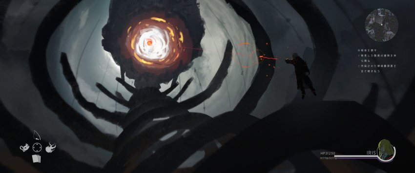 1girl absurdres aiming arm_at_side asteroid_ill bad_id bad_twitter_id beam blonde_hair circle coat explosion fake_screenshot floating full_body graviton_beam_emitter heads-up_display health_bar highres iris_(asteroid_ill) long_hair looking_to_the_side minimap neon_trim original outstretched_arm solo translation_request user_interface wide_shot