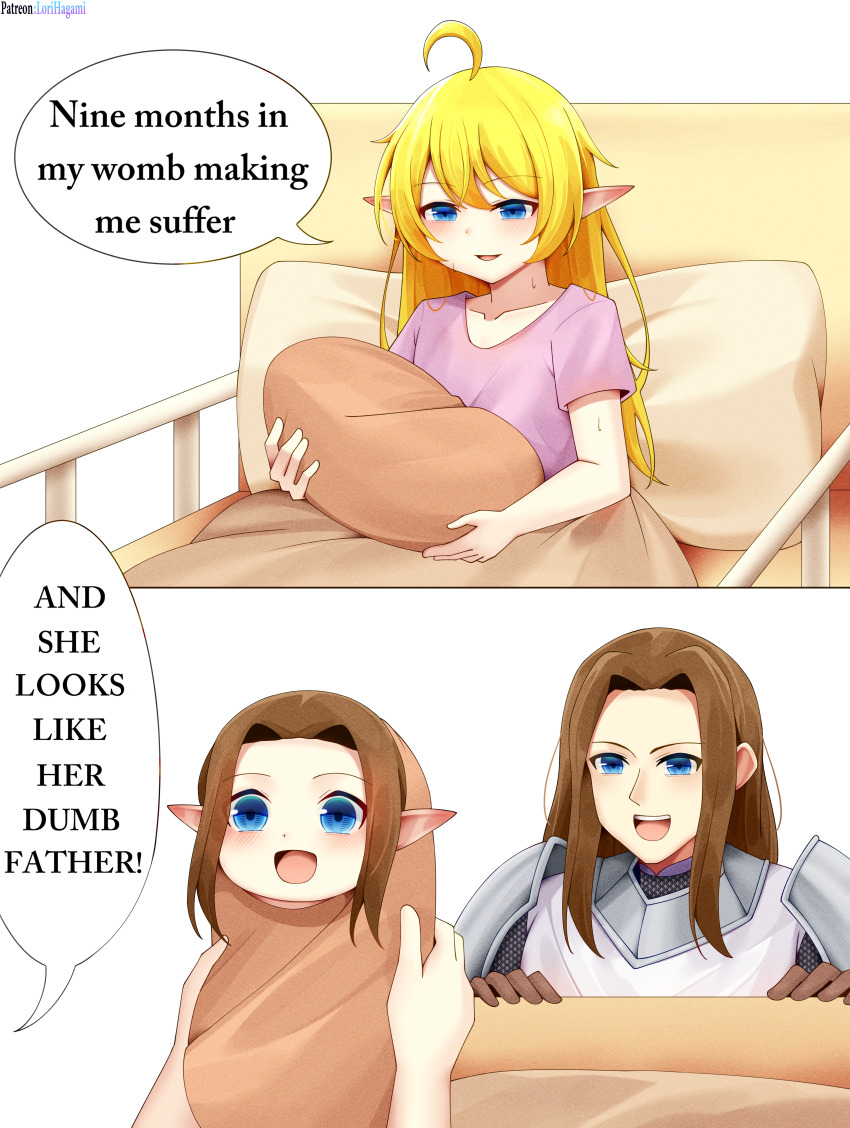 1boy 2girls absurdres after_birth and_he_looks_like_his_stupid_dad_(meme) armor baby bed bed_sheet blonde_hair blue_eyes brown_hair carrying carrying_person commission commissioner_upload dress elf english_text flat_chest highres carrying_baby hospital_bed hospital_gown long_hair lori_hagami lotte_farona lying meme mother_and_daughter multiple_girls official_art on_bed pauldrons pillow pink_dress pointy_ears shoulder_armor smile speech_bubble stephanus_tavilrond tunic ways_of_darkness_(series) white_tunic