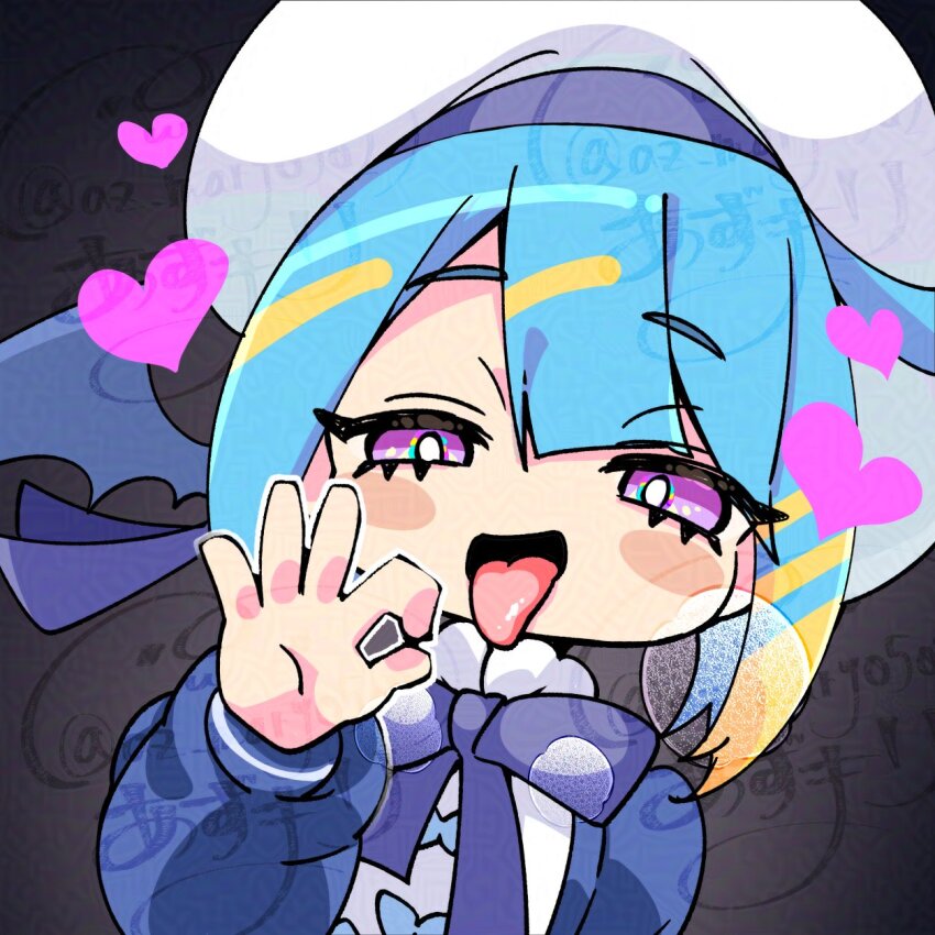 1girl az_(colorb05) blonde_hair blue_hair blue_jacket blush_stickers breath duel_monster fellatio_gesture grey_background hat highres jacket lil-la_(yu-gi-oh!) live_twin_lil-la multicolored_hair purple_eyes short_hair streaked_hair tongue tongue_out two-tone_hair upper_body virtual_youtuber watermark white_hat yu-gi-oh!