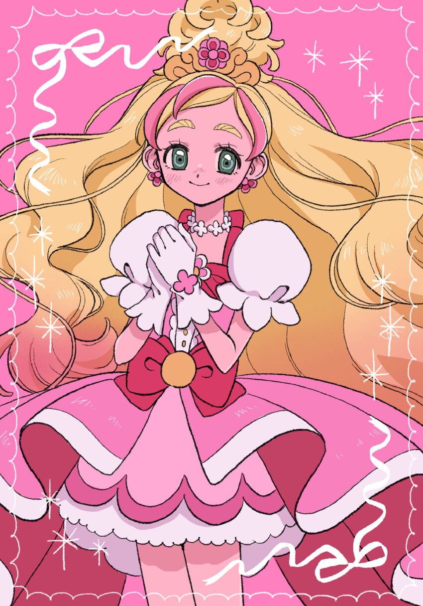 1girl blonde_hair border bow choker cure_flora earrings flower flower_earrings flower_necklace gloves go!_princess_precure green_eyes haruno_haruka highres jewelry long_hair looking_at_viewer magical_girl melon_hamburg_bentou multicolored_hair necklace own_hands_clasped own_hands_together pink_background pink_bow pink_skirt precure puffy_sleeves ribbon skirt smile solo sparkle standing streaked_hair two-tone_hair waist_bow waist_brooch white_gloves