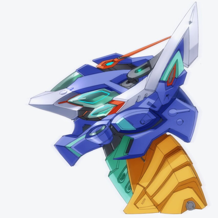 chinese_commentary commentary_request extra_eyes from_side gfred green_eyes gundam gundam_gquuuuuux head_only highres mecha mecha_focus mobile_suit mosiaz328 no_humans profile robot science_fiction simple_background solo white_background