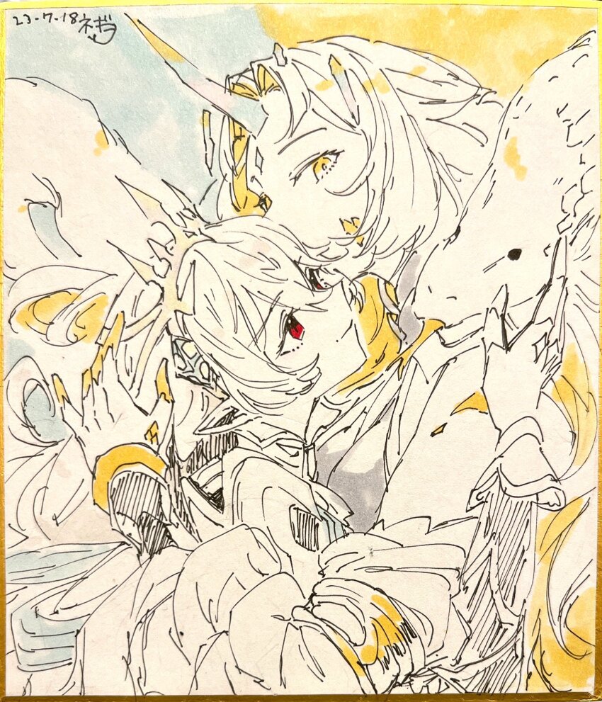 2girls corrin_(fire_emblem) fire_emblem fire_emblem_fates fire_emblem_heroes gullveig_(fire_emblem) gullveig_(seer_beyond_time)_(fire_emblem) highres long_hair multiple_girls nintendo nokisita_22 pointy_ears red_eyes signature snake snake_tongue tagme yellow_eyes