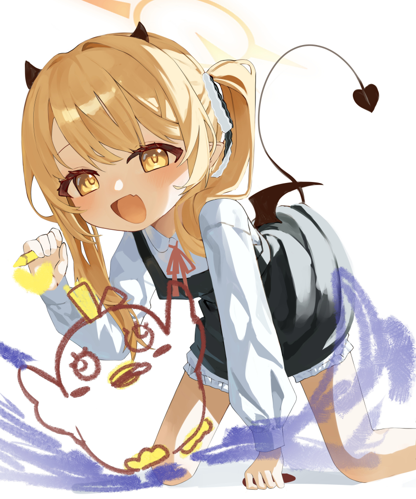1girl :d absurdres all_fours asymmetrical_hair black_dress black_horns black_tail bloomers blue_archive commentary_request crayon demon_girl demon_horns demon_tail drawing_on_fourth_wall dress fang frilled_bloomers halo highres holding holding_crayon horns ibuki_(blue_archive) looking_at_viewer neck_ribbon open_mouth pinafore_dress red_ribbon ribbon shirt side_ponytail simple_background skin_fang sleeveless sleeveless_dress smile solo syuerito_99 tail underwear white_background white_bloomers white_shirt yellow_eyes yellow_halo