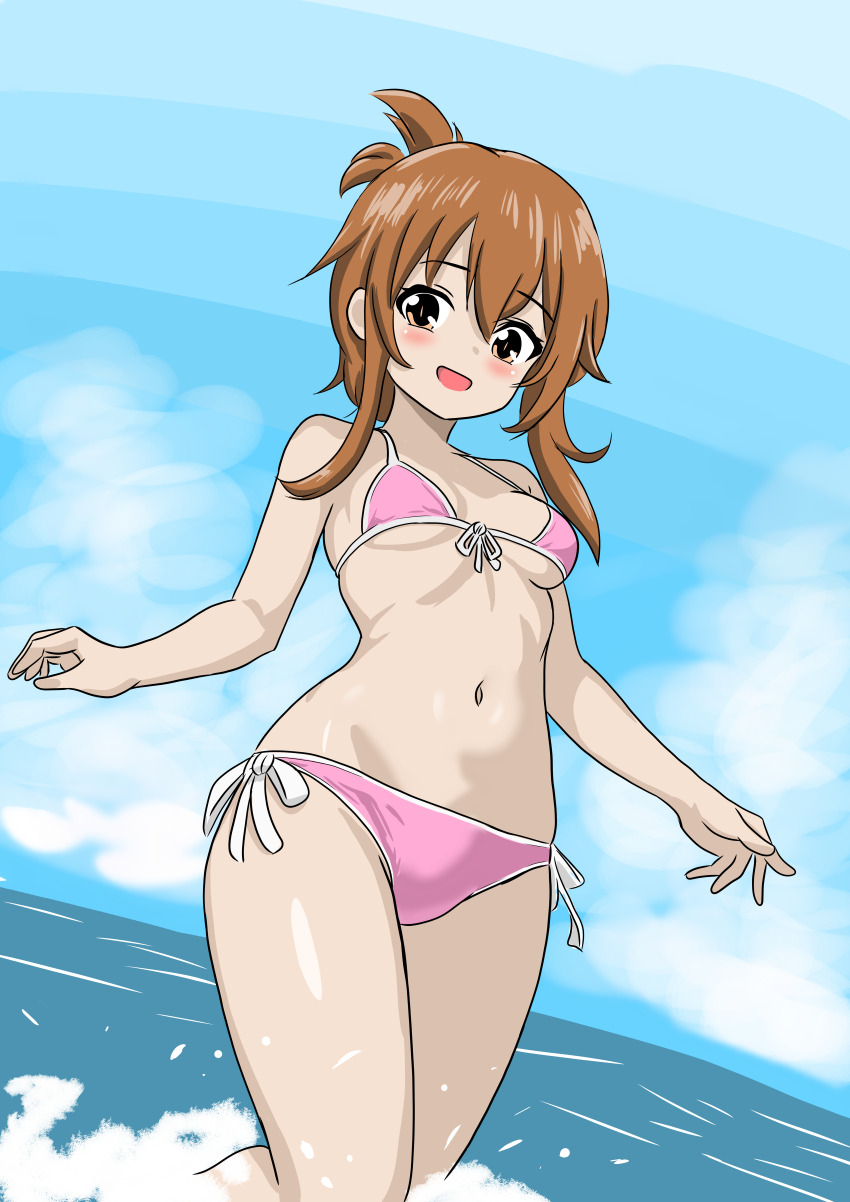 1girl absurdres alternate_costume bikini blue_sky bone_namu(namu49850) breasts brown_eyes brown_hair cloud commentary_request day folded_ponytail front-tie_bikini_top front-tie_top highres horizon inazuma_(kancolle) kantai_collection looking_at_viewer navel outdoors pink_bikini side-tie_bikini_bottom sky small_breasts solo swimsuit wading water