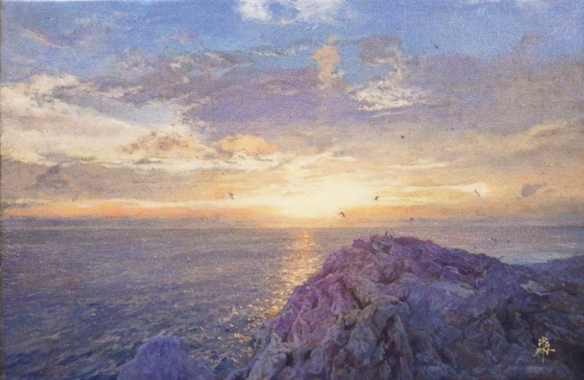 blue_sky cliff cloud cloudy_sky highres horizon naohiro_ito no_humans ocean orange_sky original painting_(medium) rock sky sunlight traditional_media waves