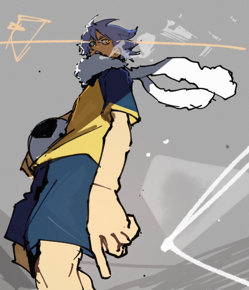 1boy absurdres ball bonesaw_(rdkshinku) facing_to_the_side fubuki_shirou heterochromia highres inazuma_eleven_(series) scarf shirt shorts soccer_ball white_hair yellow_shirt
