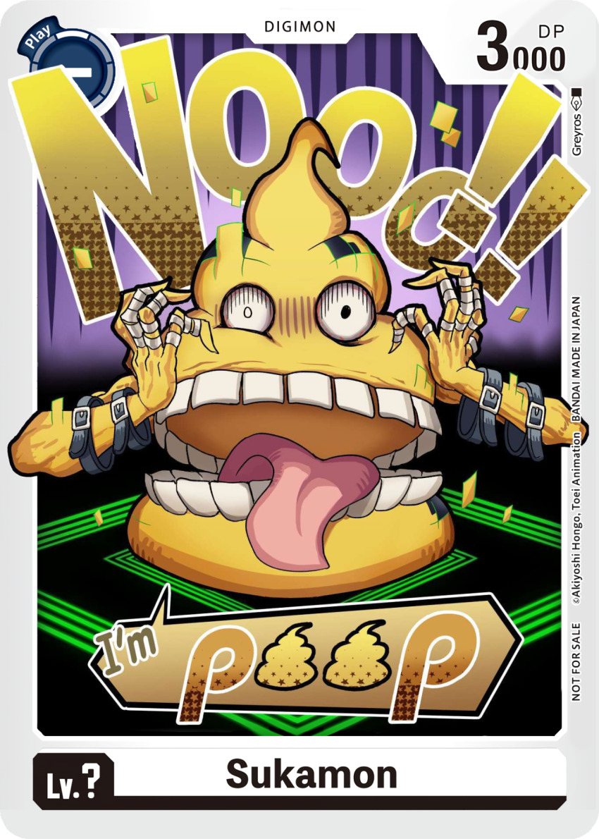 belt digimon digimon_card_game english_text highres scumon surprised teeth tongue tongue_out