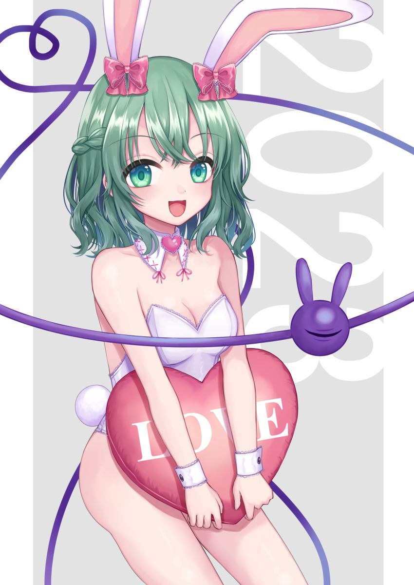 1girl 2023 :d absurdres animal_ears bare_shoulders blush bow braid breasts chinese_zodiac cleavage commentary_request detached_collar green_eyes grey_hair hair_between_eyes hair_bow heart heart_of_string heart-shaped_pillow highres holding holding_pillow kemonomimi_mode komeiji_koishi leotard medium_hair new_year one_eye_closed open_mouth pillow pink_bow print_pillow rabbit_ears rabbit_tail rnkgmn small_breasts smile solo tail third_eye touhou v_arms white_leotard wrist_cuffs year_of_the_rabbit