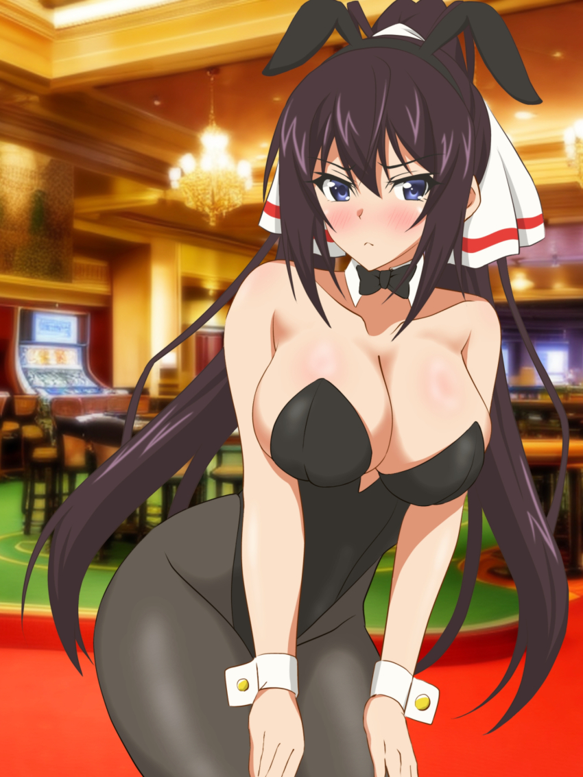 1girl animal_ear_hairband animal_ears black_bow black_bowtie black_hair black_leotard blue_eyes bow bowtie breasts casino chandelier cleavage cowboy_shot detached_collar fake_animal_ears hairband hands_on_own_thighs hata_(pixiv10403940) highres infinite_stratos large_breasts leotard long_hair pantyhose photo_background playboy_bunny ponytail purple_eyes rabbit_ears shinonono_houki solo split_ponytail strapless strapless_leotard wrist_cuffs
