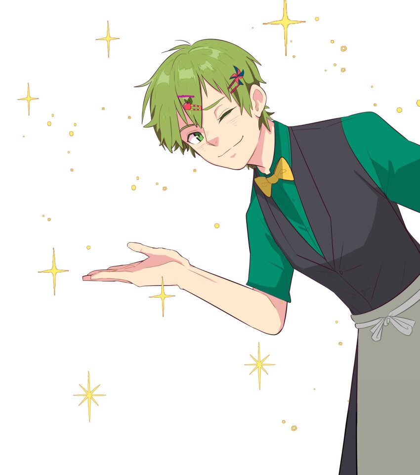 1boy alternate_costume apron bow bowtie closed_mouth fire_emblem fire_emblem:_new_mystery_of_the_emblem fire_emblem:_shadow_dragon gordin_(fire_emblem) green_eyes green_hair highres looking_at_viewer male_focus neddtar nintendo one_eye_closed short_hair vest waiter yellow_bow yellow_bowtie