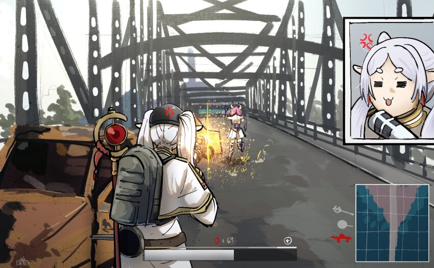 2girls :3 =_= anger_vein aura_(sousou_no_frieren) aura_bullying_(meme) backpack bag bridge capelet car commentary contemporary demon_girl demon_horns english_commentary frieren from_behind heads-up_display helmet highres holding holding_weapon horns livestream mage_staff meme microphone minimap motor_vehicle multiple_girls ononotsu pewdiepie&#039;s_pubg_livestream_n-word_controversy_(meme) playerunknown&#039;s_battlegrounds purple_hair running sousou_no_frieren staff twintails upper_body user_interface weapon white_capelet white_hair