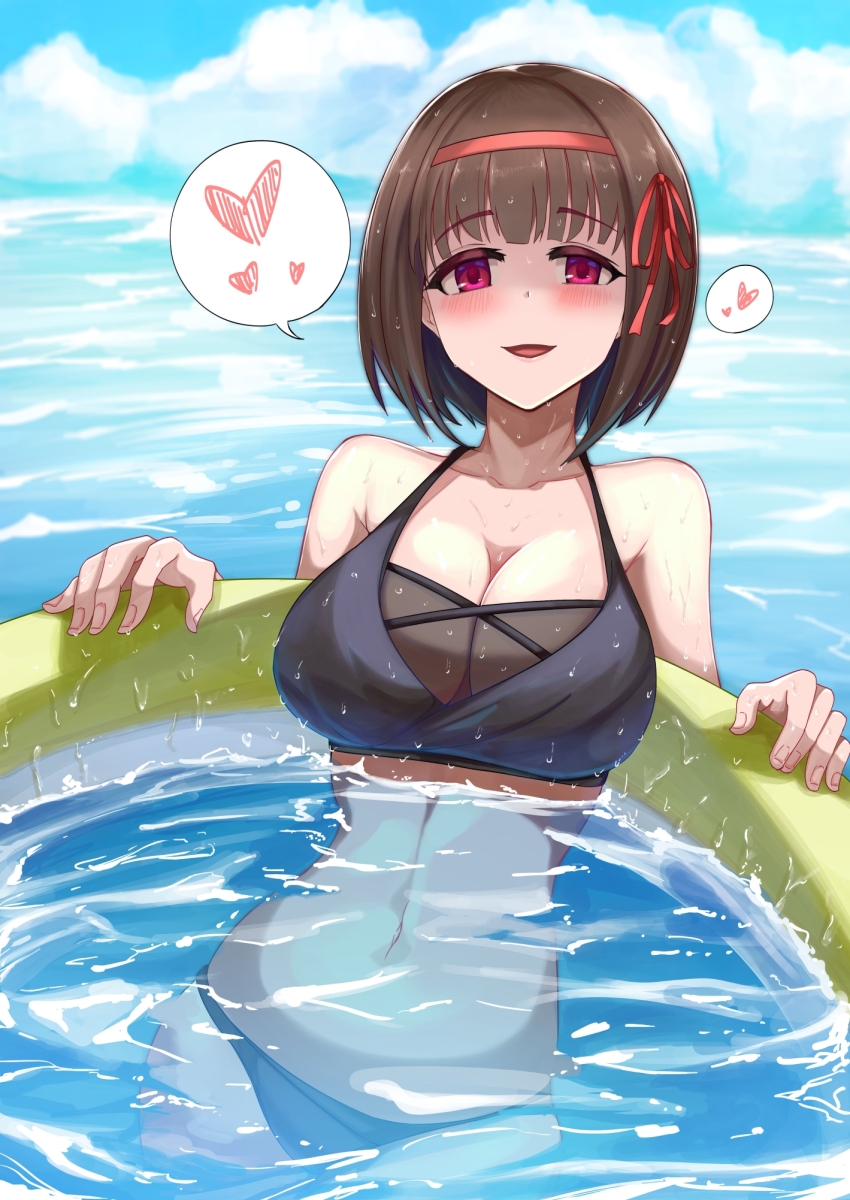 1girl bikini black_bikini blue_sky breasts brown_hair cloud collarbone commentary_request day eriko_(princess_connect!) eriko_(real)_(princess_connect!) hair_ribbon hairband heart highres innertube large_breasts looking_at_viewer midriff mononoke_(pixiv53597254) navel ocean princess_connect! red_eyes red_hairband red_ribbon ribbon see-through_clothes shaded_face short_hair sitting sky solo speech_bubble spoken_heart swim_ring swimsuit wariza