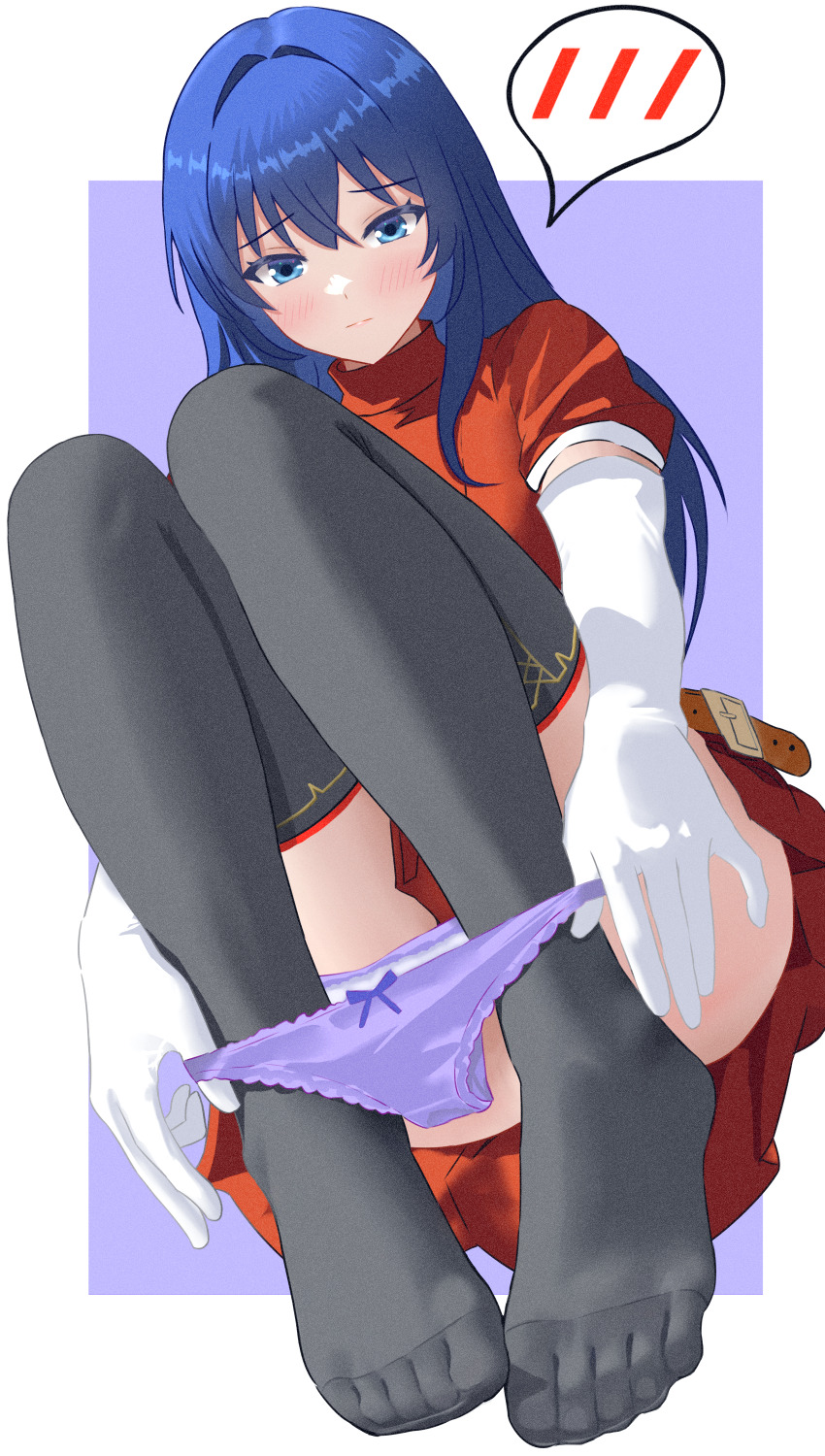 1girl absurdres belt black_thighhighs blue_hair border caeda_(fire_emblem) closed_mouth commission convenient_leg dress elbow_gloves feet fire_emblem full_body gloves hair_intakes highres knees_up kyoichi long_hair looking_at_viewer nintendo no_shoes orange_dress panties panty_pull pleated_dress purple_background short_sleeves sidelocks skeb_commission solo spoken_blush thighhighs toenails toes underwear white_border white_gloves