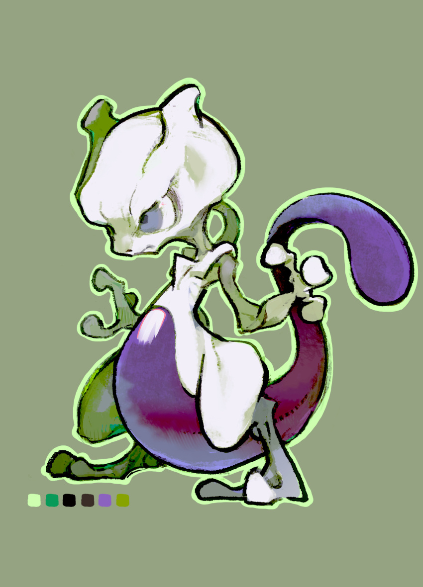 amiami colored_skin frown gen_1_pokemon green_background grey_skin highres legendary_pokemon limited_palette long_tail mewtwo nintendo no_humans pokemon purple_eyes purple_tail solo tail