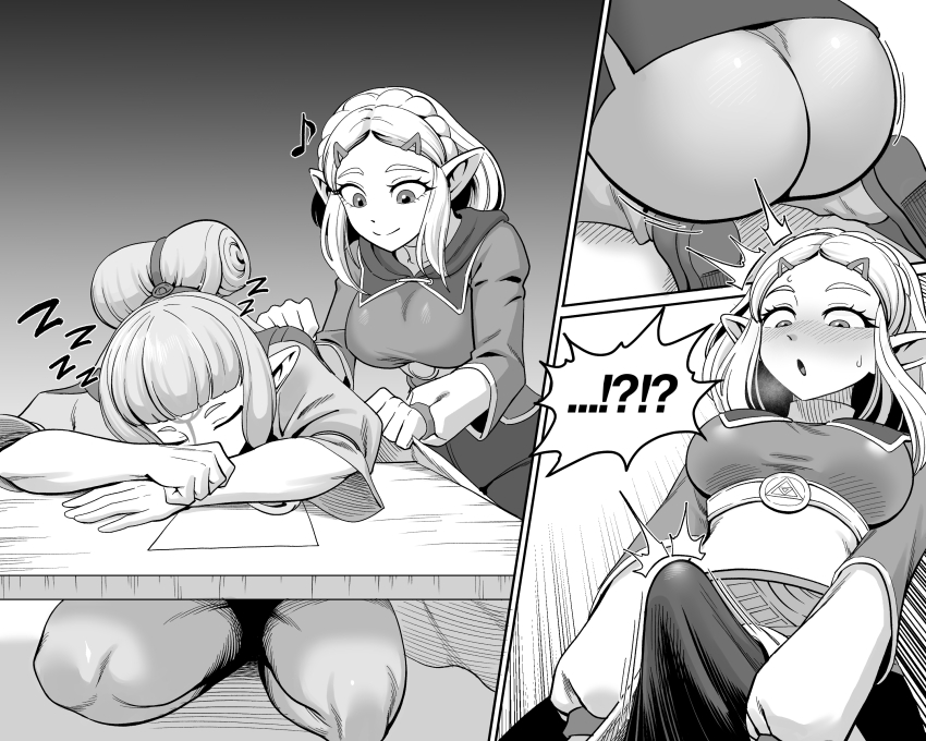 !? ... 1futa 1girl :o ass breasts bulge closed_eyes erection erection_under_clothes futa_with_female futanari gradient_background huge_penis medium_breasts medium_hair monochrome nintendo open_mouth paya_(zelda) penis pointy_ears princess_zelda size_difference sleeping smile speech_bubble surprised sweat tekkin_papa the_legend_of_zelda the_legend_of_zelda:_breath_of_the_wild zzz