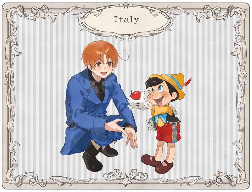 2boys ahoge apple axis_powers_hetalia baggy_pants belt black_belt black_boots black_hair black_necktie black_shirt black_vest blue_bow blue_bowtie blue_eyes blue_jacket blue_pants blush book boots bow bowtie brown_shoes collared_shirt commentary_request country_connection crossover doll doll_joints food fruit full_body gloves hat hat_feather hat_ornament highres holding holding_book holding_food holding_fruit jacket joints lapels long_sleeves looking_at_another male_focus military_jacket military_uniform multiple_boys necktie northern_italy_(hetalia) open_clothes open_mouth open_vest orange_eyes orange_hair pants pinocchio_(disney_character) pinocchio_(disney_movie) red_shorts shirt shoes short_hair shorts smile soji_777 squatting standing striped_background teeth vest white_background white_gloves wide_sleeves yellow_hat yellow_shirt