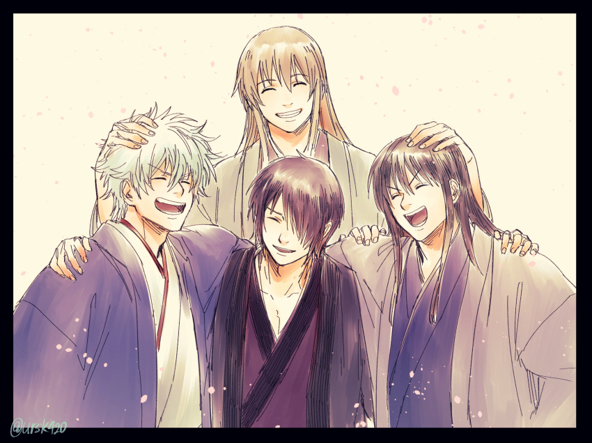 4boys :d ^_^ black_border black_hair border brown_background brown_hair closed_eyes facing_viewer gintama hair_between_eyes hair_over_one_eye hand_on_another&#039;s_head highres japanese_clothes katsura_kotarou kimono long_hair long_sleeves multiple_boys open_clothes open_mouth purple_kimono sakata_gintoki smile takasugi_shinsuke upper_body uraki_(tetsu420) v-shaped_eyebrows white_kimono yoshida_shouyou