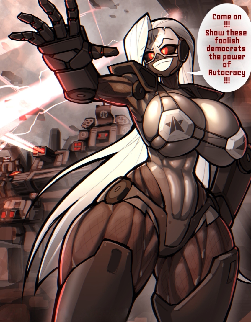 1girl abs absurdres breasts commentary curvy english_commentary english_text hado_(zzzhadozzz) helldivers_(series) highres large_breasts long_hair red_eyes robot robot_girl solo thick_thighs thighs white_hair wide_hips