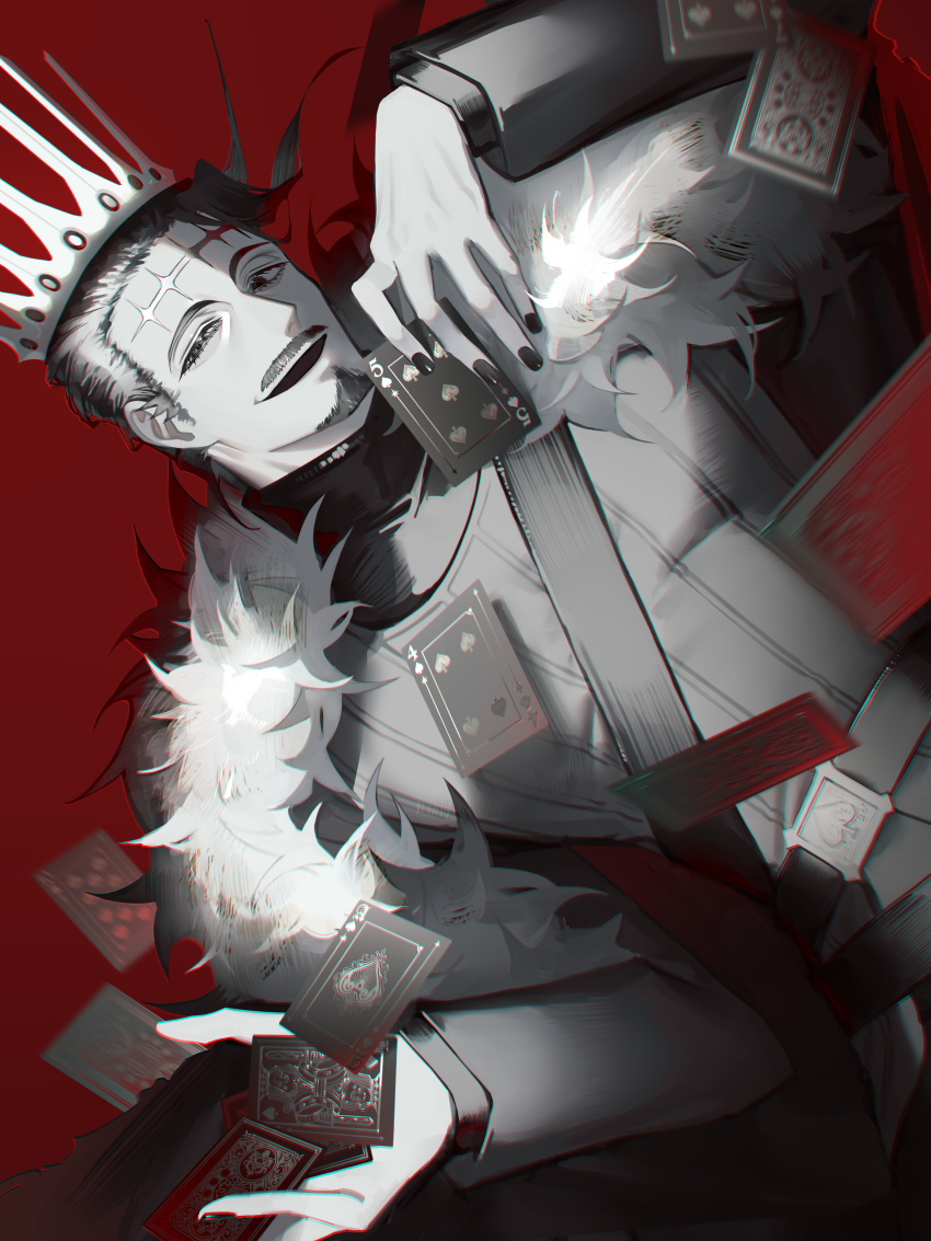 1boy absurdres ace_(playing_card) ace_of_spades belt black_belt black_clover black_hair black_nails cape card crown dante_zogratis facial_hair facial_mark five_of_spades forehead_mark four_of_spades frit_2 fur-trimmed_cape fur_trim goatee hair_behind_ear hair_slicked_back highres looking_at_viewer mustache nail_polish pale_skin playing_card red_background shirt solo spade_(shape) strap