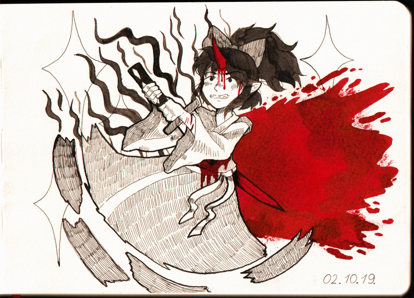 1girl 2019 absurdres blood blood_on_clothes blood_on_face bloody_weapon commentary dated dungeon_toaster english_commentary highres holding holding_sword holding_weapon japanese_clothes katana konngara_(touhou) long_sleeves open_mouth pointy_ears simple_background solo suicide sword teeth touhou touhou_(pc-98) weapon white_background wide_sleeves