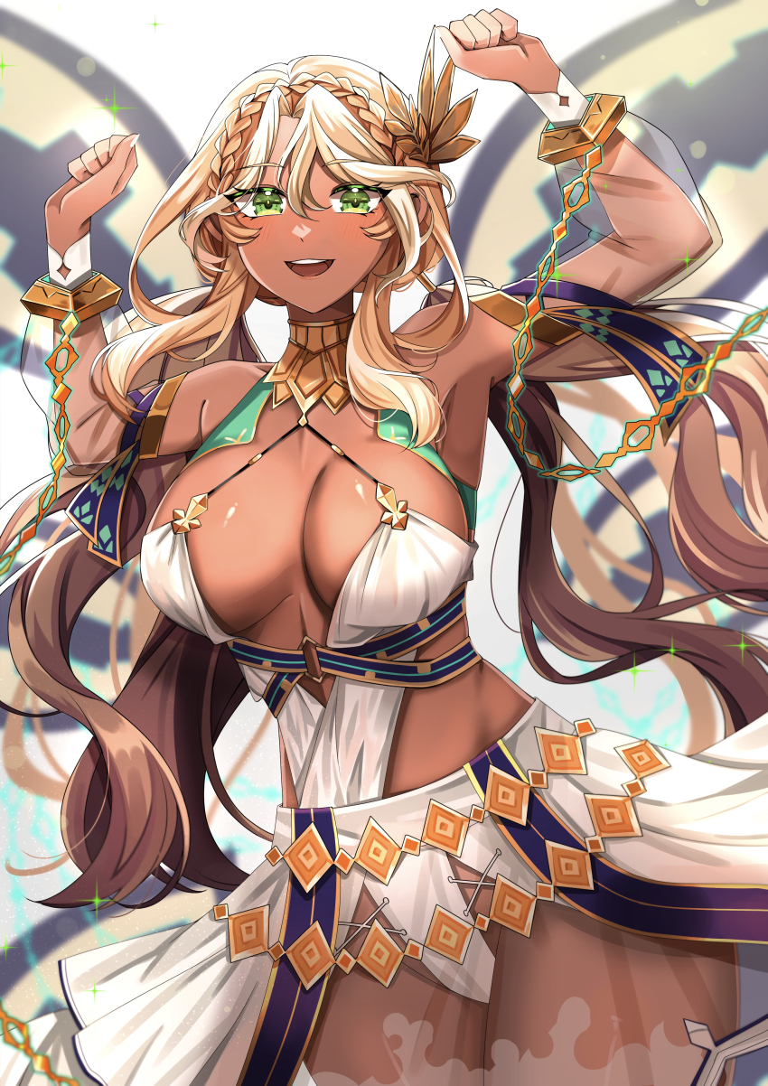 1girl absurdres andromeda_(fate) andromeda_(first_ascension)_(fate) armlet bare_shoulders belly_chain blonde_hair blush braid breasts chain cleavage collar crown_braid cuffs dark-skinned_female dark_skin detached_sleeves dress fate/grand_order fate_(series) gold_teeth green_eyes hair_ornament highres jaws jewelry jmfz5558 large_breasts long_hair looking_at_viewer low_twintails metal_collar multicolored_hair open_mouth shackles short_dress sidelocks smile solo sparkle thighs twintails two-tone_hair white_dress white_hair