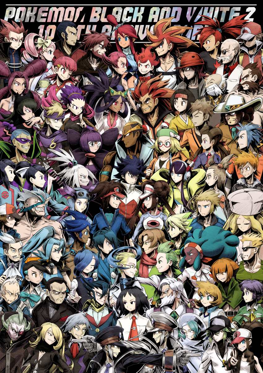 6+boys 6+girls absurdres ahoge alder_(pokemon) anniversary beard bellelba_(pokemon) benga_(pokemon) bianca_(pokemon) black_coat black_hair blaine_(pokemon) blonde_hair blue_eyes blue_hair blue_jacket blue_oak brawly_(pokemon) brock_(pokemon) brother_and_sister brothers brown_hair brycen_(pokemon) bugsy_(pokemon) burgh_(pokemon) byron_(pokemon) caitlin_(pokemon) candice_(pokemon) cheren_(pokemon) chili_(pokemon) chuck_(pokemon) cilan_(pokemon) clair_(pokemon) clay_(pokemon) closed_eyes coat collarbone collared_shirt colress_(pokemon) cowboy_hat crasher_wake cress_(pokemon) curtis_(pokemon) cynthia_(pokemon) dark-skinned_female dark_skin double_bun drayden_(pokemon) elesa_(pokemon) emmet_(pokemon) erika_(pokemon) everyone facial_hair falkner_(pokemon) fantina_(pokemon) flannery_(pokemon) gardenia_(pokemon) ghetsis_(pokemon) giovanni_(pokemon) glasses gloves green_hair grey_hair grimsley_(pokemon) guitar hair_bobbles hair_bun hair_ornament hat highres hilbert_(pokemon) hilda_(pokemon) hugh_(pokemon) ingo_(pokemon) instrument iris_(pokemon) jacket janine_(pokemon) jasmine_(pokemon) juan_(pokemon) lance_(pokemon) lenora_(pokemon) liza_(pokemon) looking_at_another marlon_(pokemon) marshal_(pokemon) marvel_vs._capcom maylene_(pokemon) midriff misty_(pokemon) morty_(pokemon) multiple_boys multiple_girls muscular muscular_male mustache n_(pokemon) nate_(pokemon) necktie nintendo norman_(pokemon) one_eye_closed opaque_glasses orange_hair parody partially_opaque_glasses pink_eyes pink_hair pokemon pokemon_(creature) pokemon_bw pokemon_bw2 pokemon_dppt pokemon_frlg pokemon_hgss pokemon_rse pokestar_studios ponytail purple_hair purple_scarf red_(pokemon) red_eyes red_hair red_necktie roark_(pokemon) rosa_(pokemon) roxanne_(pokemon) roxie_(pokemon) sabrina_(pokemon) saikoraru scarf shauntal_(pokemon) shirt siblings skyla_(pokemon) smile steven_stone sunglasses surge_(pokemon) tate_(pokemon) team_plasma team_rocket teeth topknot twins visor_cap volkner_(pokemon) wallace_(pokemon) wattson_(pokemon) white_gloves white_shirt whitney_(pokemon) winona_(pokemon) yancy_(pokemon)