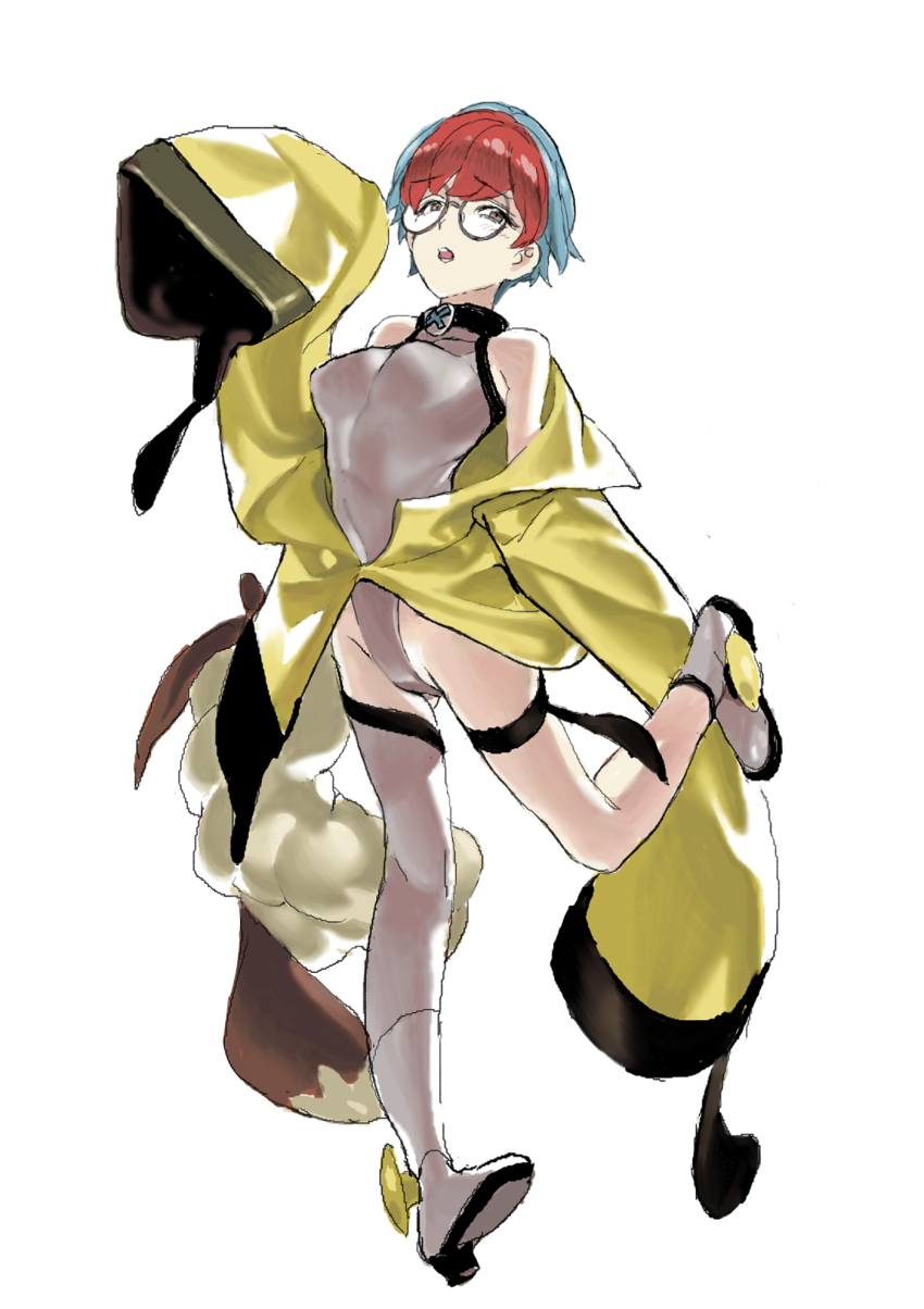 1girl backpack bag blue_hair boots breasts commentary cosplay eevee eevee_backpack full_body gen_1_pokemon glasses grey_leotard grey_thighhighs hand_up highleg highleg_leotard highres impossible_clothes impossible_leotard iono_(pokemon) iono_(pokemon)_(cosplay) jacket leotard long_sleeves looking_at_viewer multicolored_hair nintendo nobita_(makoto7060355) off_shoulder open_mouth oversized_clothes partially_unzipped penny_(pokemon) pokemon pokemon_sv red_hair round_eyewear short_hair simple_background single_thighhigh skin_tight sleeves_past_fingers sleeves_past_wrists small_breasts solo standing standing_on_one_leg thigh_strap thighhighs two-tone_hair very_long_sleeves white_background white_boots yellow_jacket