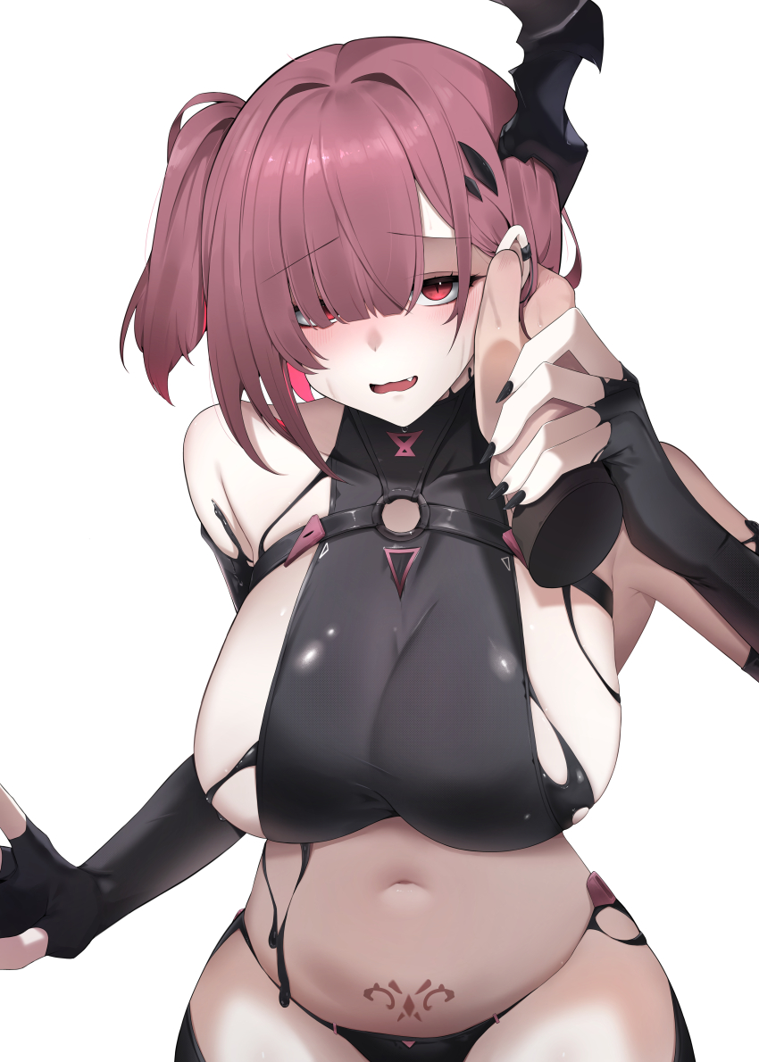 1boy 1girl absurdres bare_shoulders black_gloves black_horns black_liquid black_nails black_panties black_shirt black_thighhighs blunt_bangs blush breasts brown_hair chest_strap colored_inner_hair commander_(nikke) commentary covered_collarbone cowboy_shot crop_top disembodied_hand earclip elbow_gloves fang fingerless_gloves fingernails gloves goddess_of_victory:_nikke hair_behind_ear hair_over_one_eye halter_shirt halterneck hand_on_another&#039;s_cheek hand_on_another&#039;s_ear hand_on_another&#039;s_face hand_on_another&#039;s_hand hands_up hetero highres horns large_breasts liquid_clothes long_finger looking_at_viewer melting multicolored_hair nail_polish navel o-ring_strap one_side_up panties parted_lips pink_hair pov pov_hands pubic_tattoo raised_eyebrows red_eyes shirt short_hair sideboob sideless_shirt simple_background singiru single_horn sleeveless sleeveless_shirt slit_pupils solo_focus stomach sweat tattoo thighhighs two-tone_hair underwear wavy_mouth white_background ziz_(nikke)