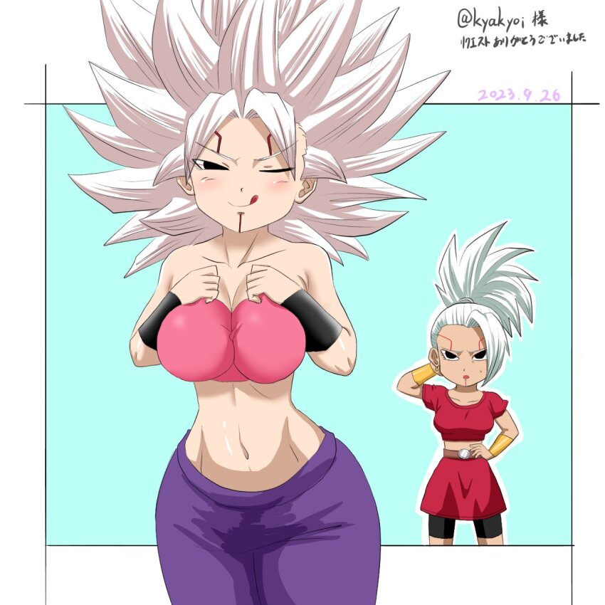 2girls alternate_hair_color breasts caulifla dragon_ball dragon_ball_heroes dragon_ball_super highres kakoi_66 kale_(dragon_ball) kamin_(dragon_ball) large_breasts multiple_girls one_eye_closed oren_(dragon_ball) possessed possession smile tongue tongue_out white_hair wide_hips wink
