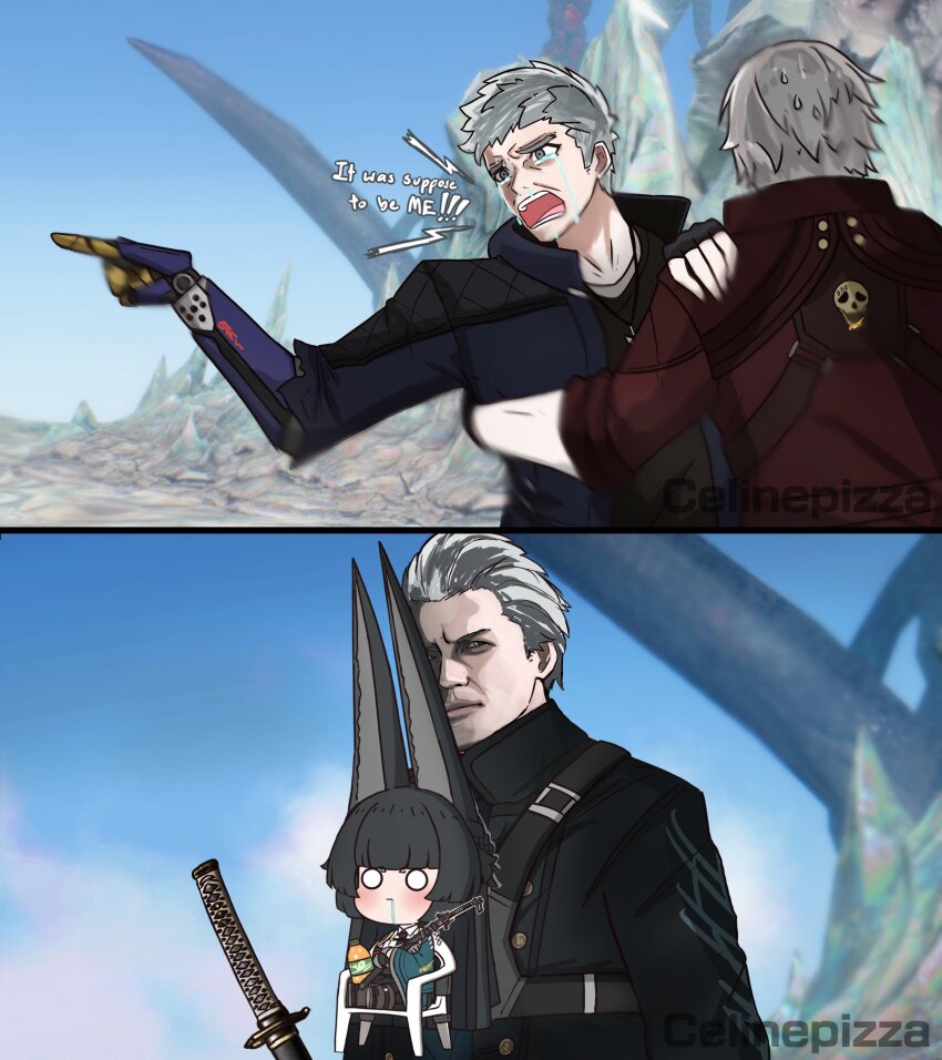 1girl 3boys absurdres animal_ears long-eared_miyabi_(meme) brothers celinepizza chibi crossover crying crying_with_eyes_open dante_(devil_may_cry) devil_may_cry_(series) devil_may_cry_5 english_text father_and_son fox_ears fox_girl highres holding holding_sword holding_weapon hoshimi_miyabi katana meme monobloc_(chair) multiple_boys nero_(devil_may_cry) saliva siblings sword tears uncle_and_nephew vergil&#039;s_chair_(meme) vergil_(devil_may_cry) weapon woman_yelling_at_cat_(meme) yamato_(sword) zenless_zone_zero