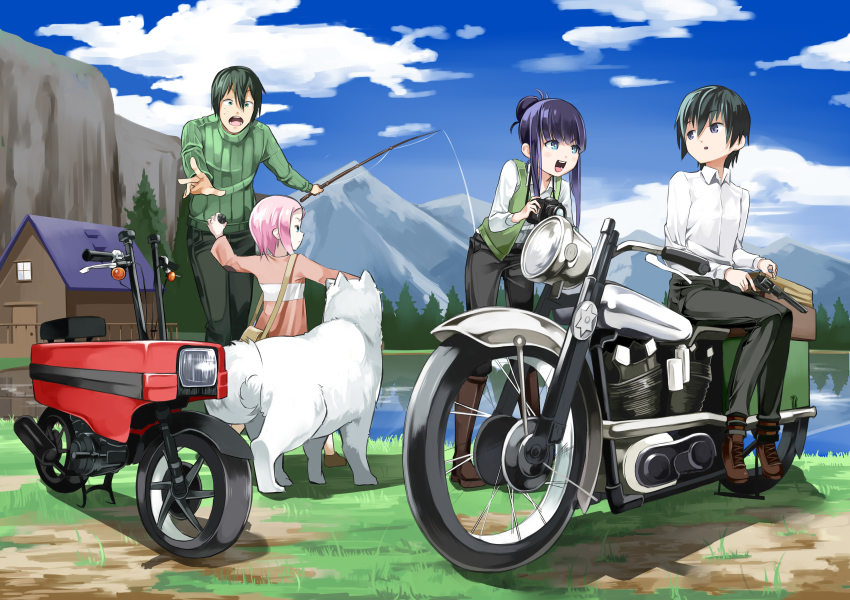 2boys 2others 3girls absurdres belt blue_eyes camera day dog explosive fishing_rod grenade gun hair_bun hermes_(kino_no_tabi) highres honda_motocompo jindai3663 kino_(kino_no_tabi) kino_no_tabi lake minibike monkey_bike motor_vehicle motorcycle multiple_boys multiple_girls multiple_others noped photo_(kino_no_tabi) pocket riku_(kino_no_tabi) shizu_(kino_no_tabi) sidelocks single_hair_bun sou_(kino_no_tabi) tea_(kino_no_tabi) vest weapon