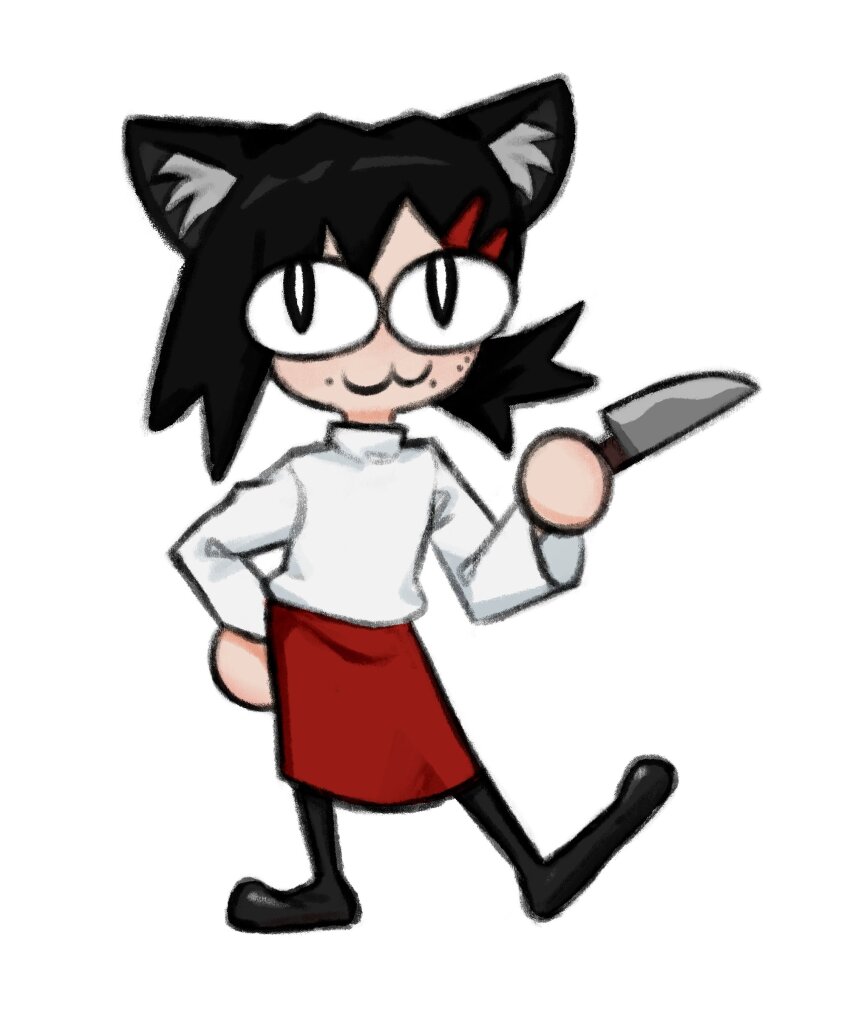 1girl :3 absurdres animal_ears black_hair cat_ears chainsaw_man gurumo_(twitter) hair_ornament hairclip higashiyama_kobeni highres holding holding_knife hybrid knife looking_at_viewer medium_hair neco-arc pantyhose red_skirt shirt simple_background skirt solo tsukihime white_background white_shirt