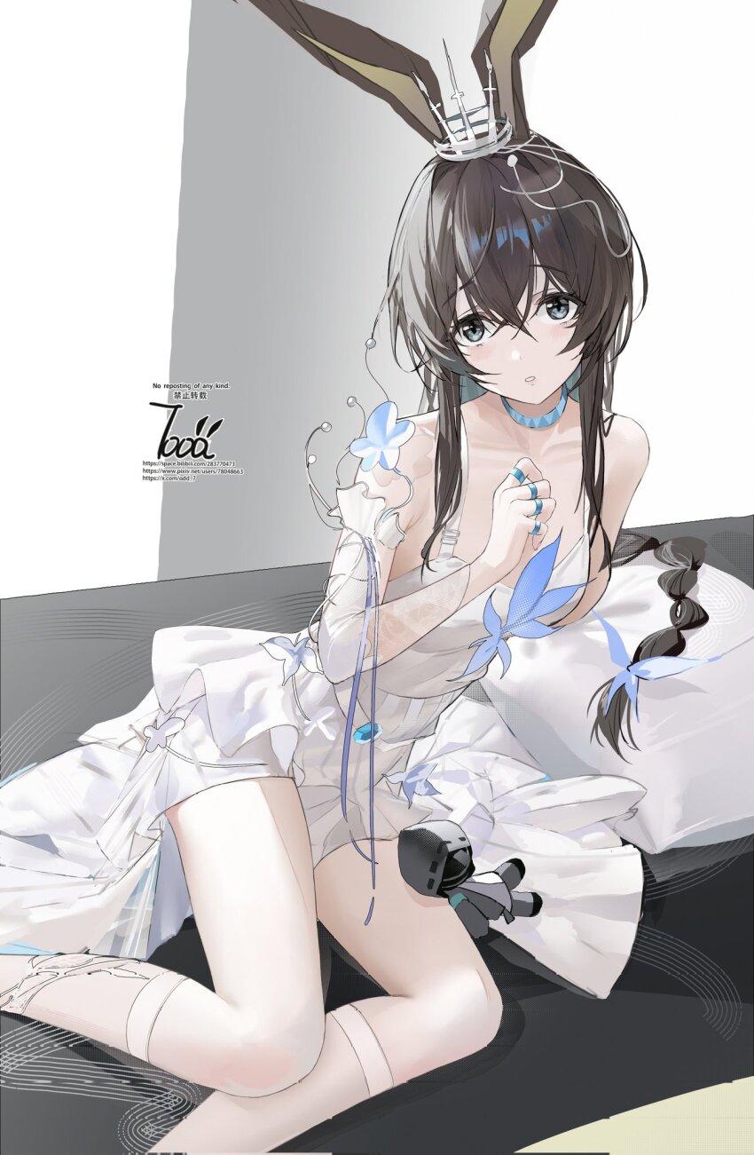 0dd amiya_(arknights) animal_ears arknights choker collarbone crown doll dress hair_between_eyes highres long_hair looking_at_viewer simple_background thighhighs watermark white_dress