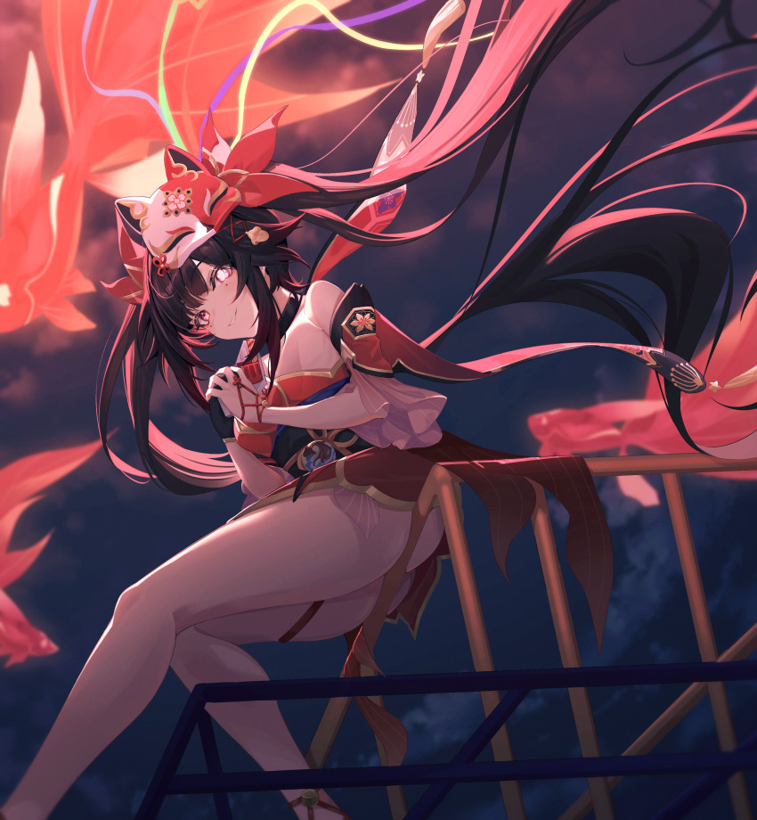 1girl absurdres ass bare_shoulders black_choker black_gloves black_hair black_sash choker cloud commentary_request dress feet_out_of_frame floating_hair flower_in_eye fox_mask gloves gun handgun highres honkai:_star_rail honkai_(series) koi long_hair looking_at_viewer mask mask_on_head night on_railing outdoors own_hands_together parted_lips railing red_dress red_eyes red_sleeves revolver sash single_glove sitting sleeveless sleeveless_dress smile snubnosed_revolver solo sparkle_(honkai:_star_rail) suzu_(user_kdex8732) symbol_in_eye twintails very_long_hair weapon