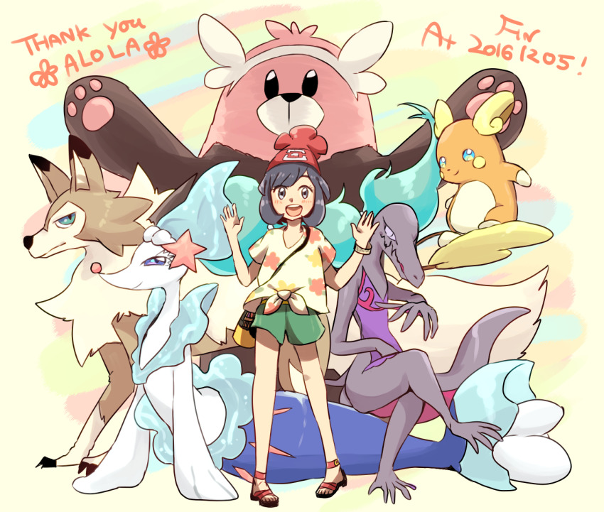 1girl :d alolan_form alolan_raichu bewear black_hair creature dated floral_print full_body gen_7_pokemon green_shorts happy looking_at_viewer lycanroc lycanroc_(midday) mizuto_(o96ap) nintendo open_mouth pokemon pokemon_(creature) pokemon_sm primarina red_headwear salazzle selene_(pokemon) shirt shorts smile thank_you tied_shirt